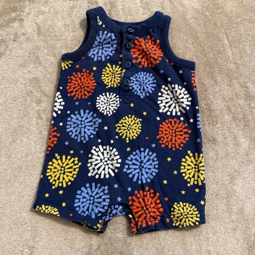 Hanna Andersson Baby Navy Firework Star Print Cotton Henley Romper 0-3 Months